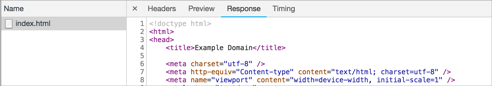 Screenshot of Chrome Developer Tools, "Network" tab. Left-side shows "index.html" selected. Right side shows tabbed interface with "Response" tab opened. Response tab has HTML code.