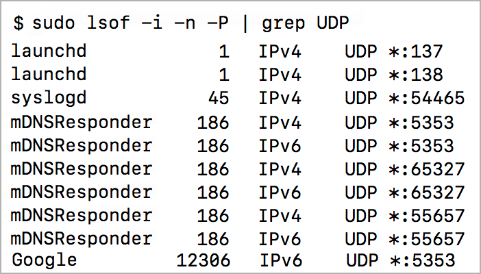 A command line terminal with the command "sudo lsof -i -n -P | grep UDP". The command outputs the following table:  Process | Process ID | Type | Port - | - | - launchd | 1 | IPv4 | UDP *:137 launchd | 1 | IPv4 | UDP *:138 syslogd | 45 | IPv4  | UDP *:54465 mDNSResponder | 186 | IPv4 | UDP *:5353 mDNSResponder | 186 | IPv6 | UDP *:5353 mDNSResponder | 186 | IPv4 | UDP *:65327 mDNSResponder | 186 | IPv6 | UDP *:65327 mDNSResponder | 186 | IPv4 | UDP *:55657 mDNSResponder | 186 | IPv6 | UDP *:55657 Google | 12306 | IPv6 | UDP *:5353